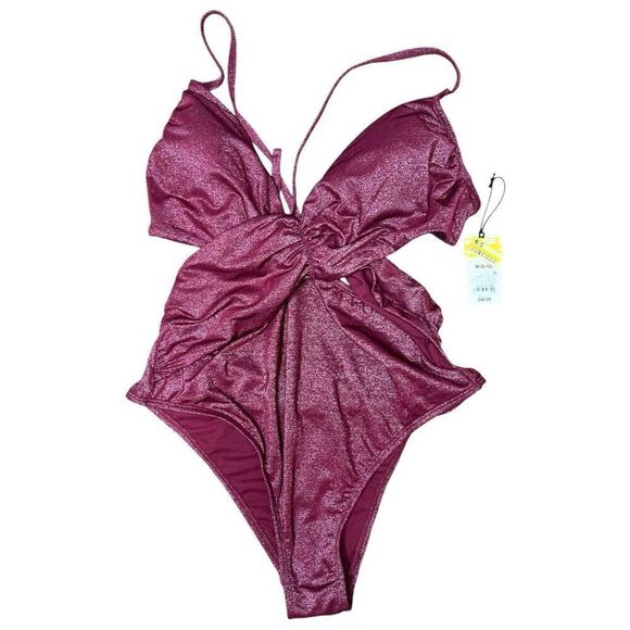 NEW Shade & Shore Monokini Plunge Cut Out High Leg Red Lurex One Piece Swimsuit - Picture 2 of 4